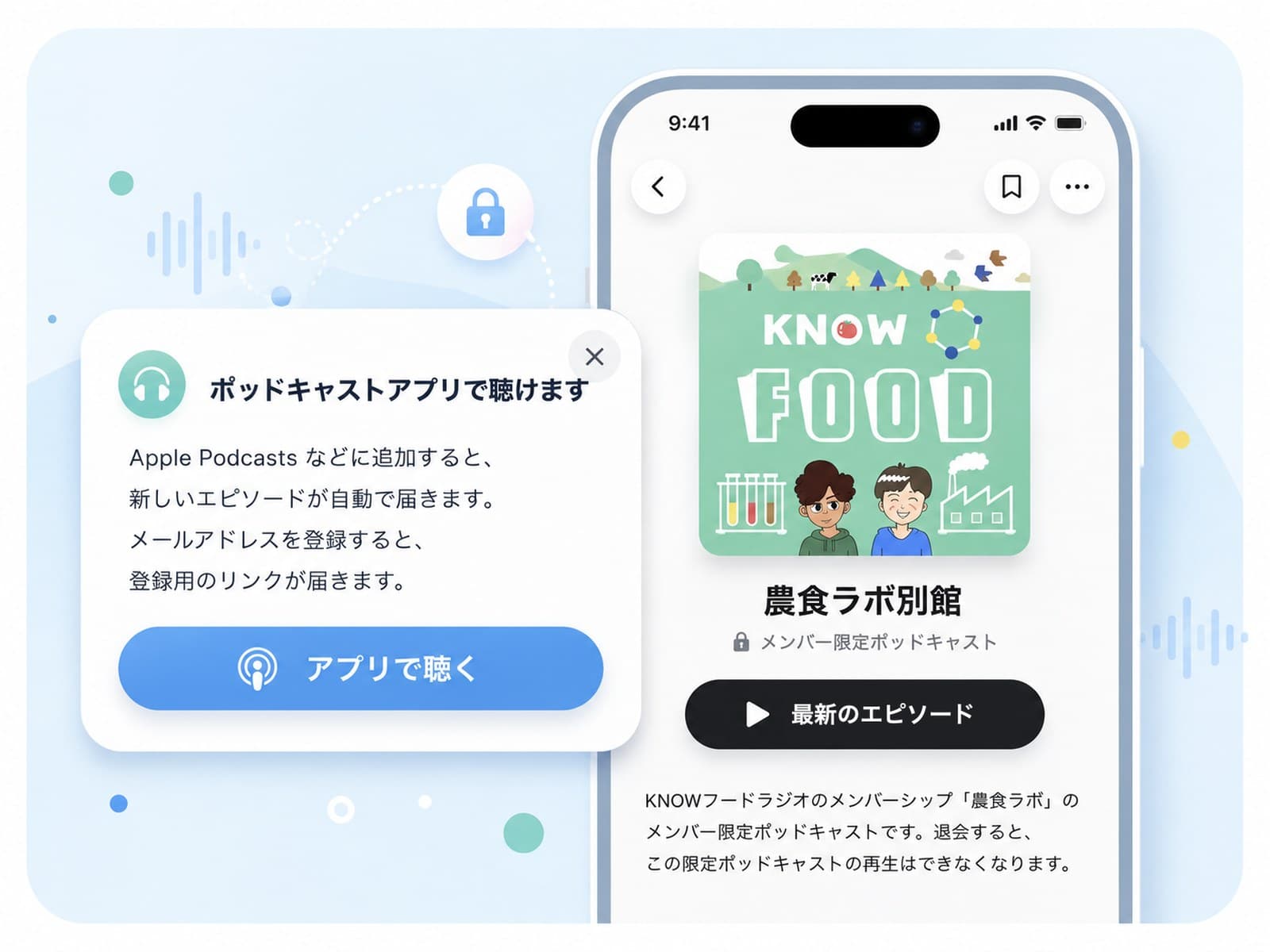 限定ポッドキャスト配信のイメージ。視聴ページの「ポッドキャストアプリで聴けます」の案内と、購読された番組がアプリに並んだ画面